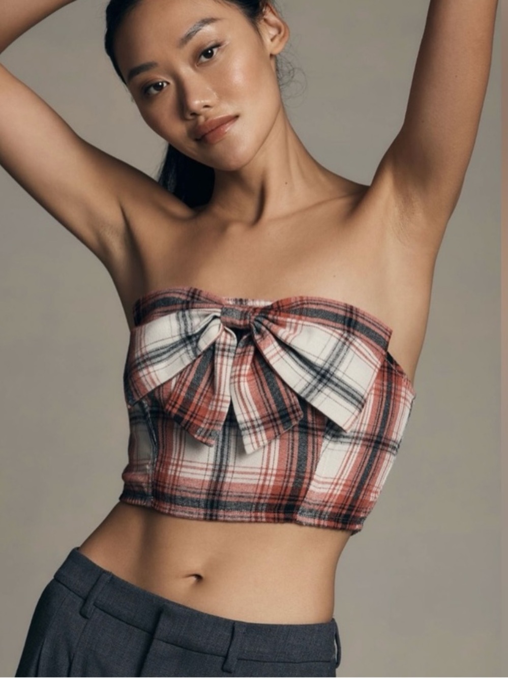 Anthropologie Plaid Strapless Bow Bandeau Top - Red, Cream, Black